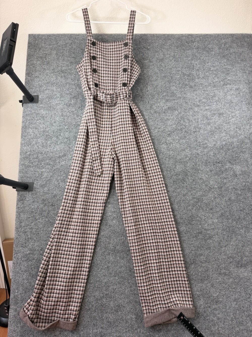 Angie Women's L Plaid Square Neck Button Front Sleeveless Wide Leg Jumpsuit